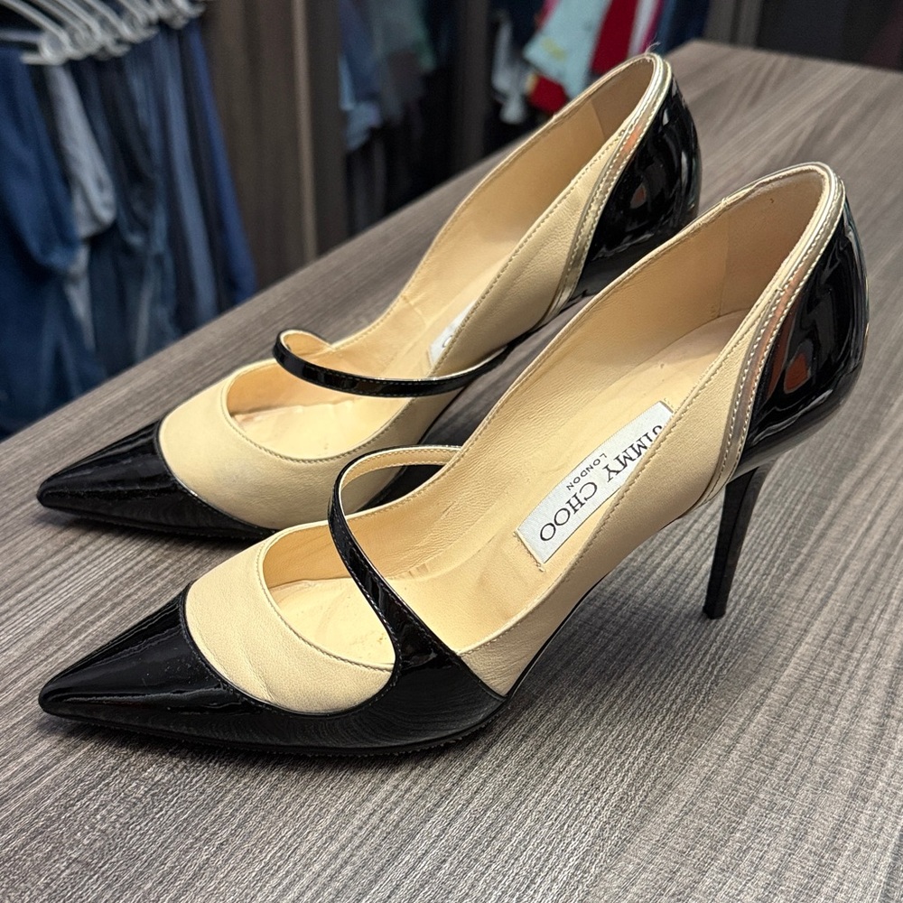 Jimmy Choo Black and Cream Patent Heels